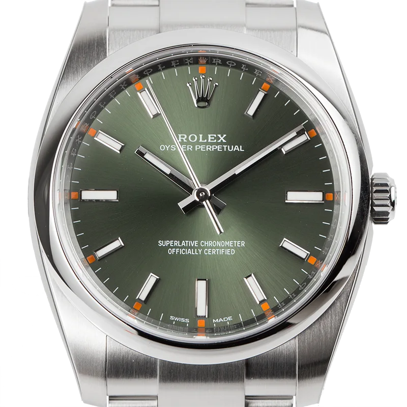 Close up - Rolex Oyster Perpetual 34 Steel Olive Green Dial Oyster 114200