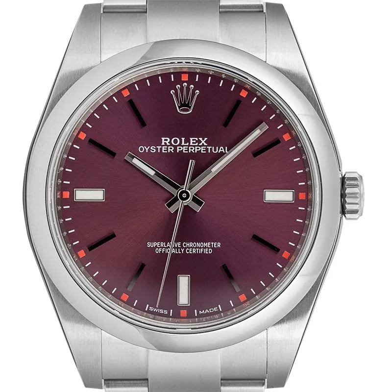 Close up - Rolex Oyster Perpetual 39 Steel Red Grape Dial Steel 114300