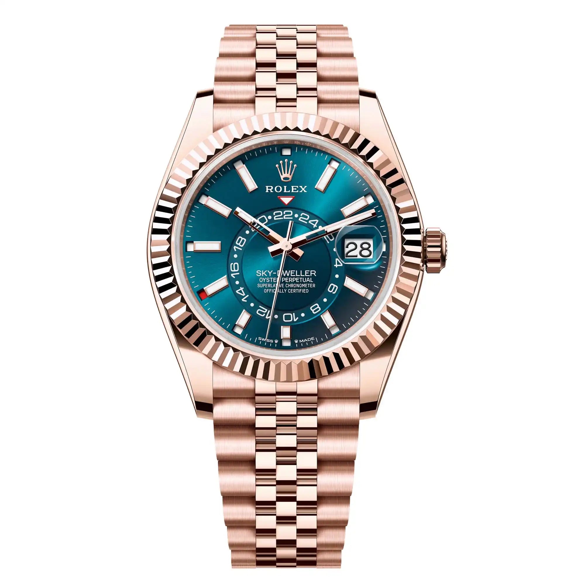 Full view of Sky-Dweller 336935 everose gold with a blue-green dial