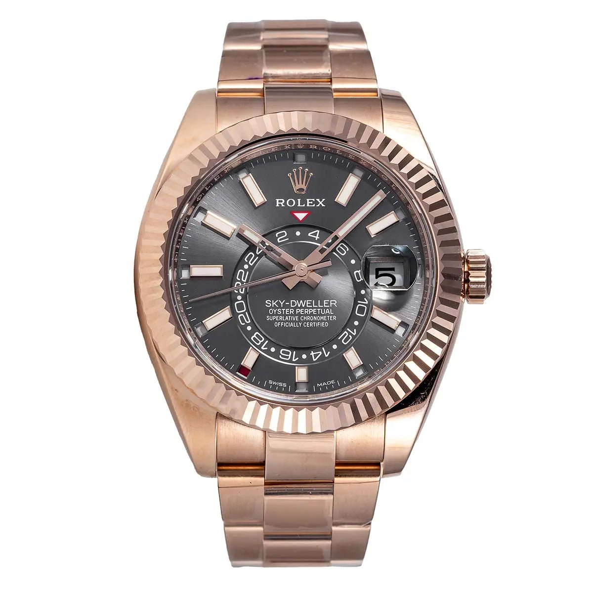 Full view of the Rolex Sky-Dweller in 18ct Everose Gold with Dark Rhodium Dial reference 326935