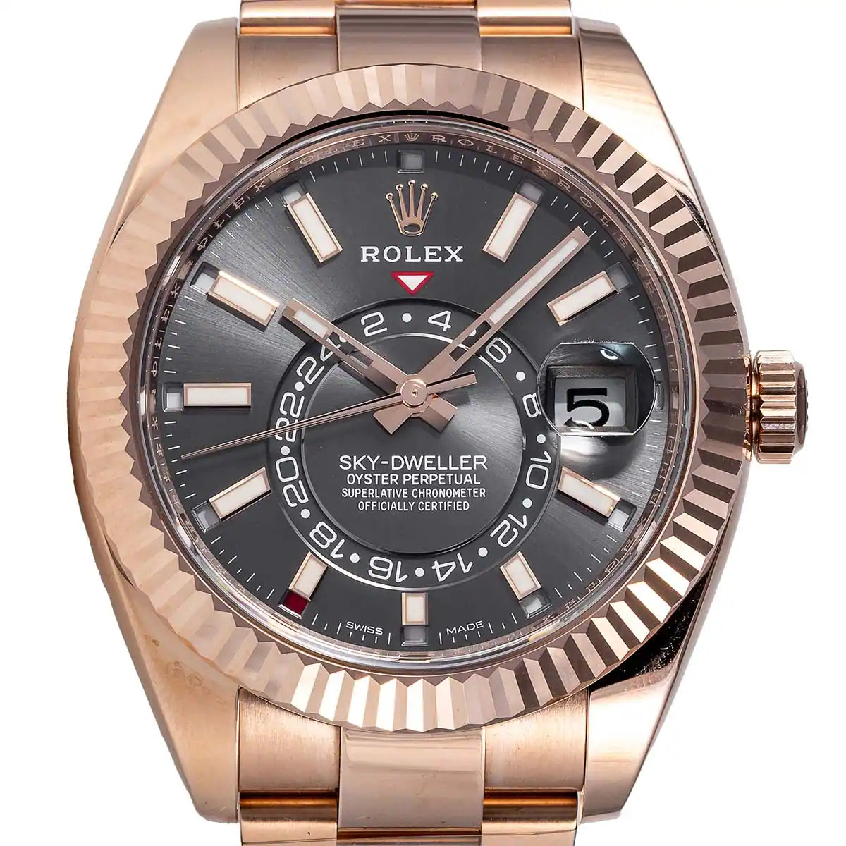 Close up of the Rolex Sky-Dweller in 18ct Everose Gold with Dark Rhodium Dial reference 326935