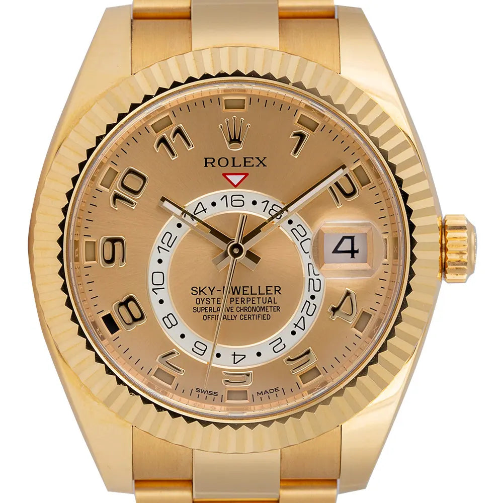 Close up - Rolex Sky-Dweller 18ct Yellow Gold Champagne/Arab Oyster 326938