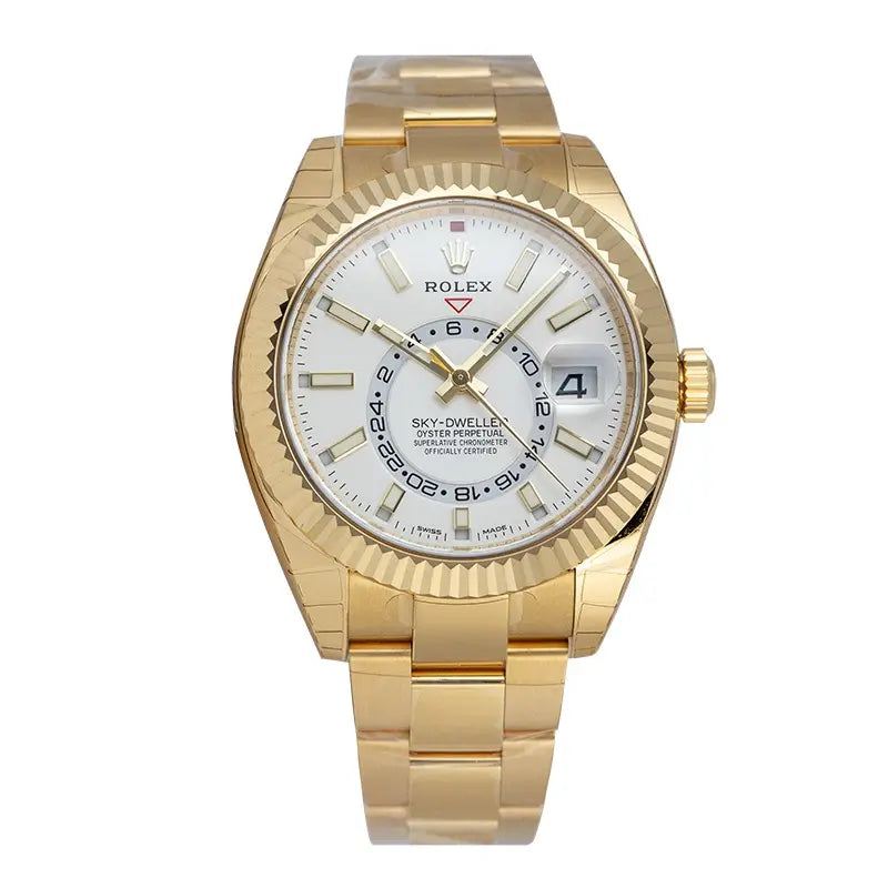 Full view of the Rolex Sky-Dweller 18ct yellow gold watch with white dial, model 326938.