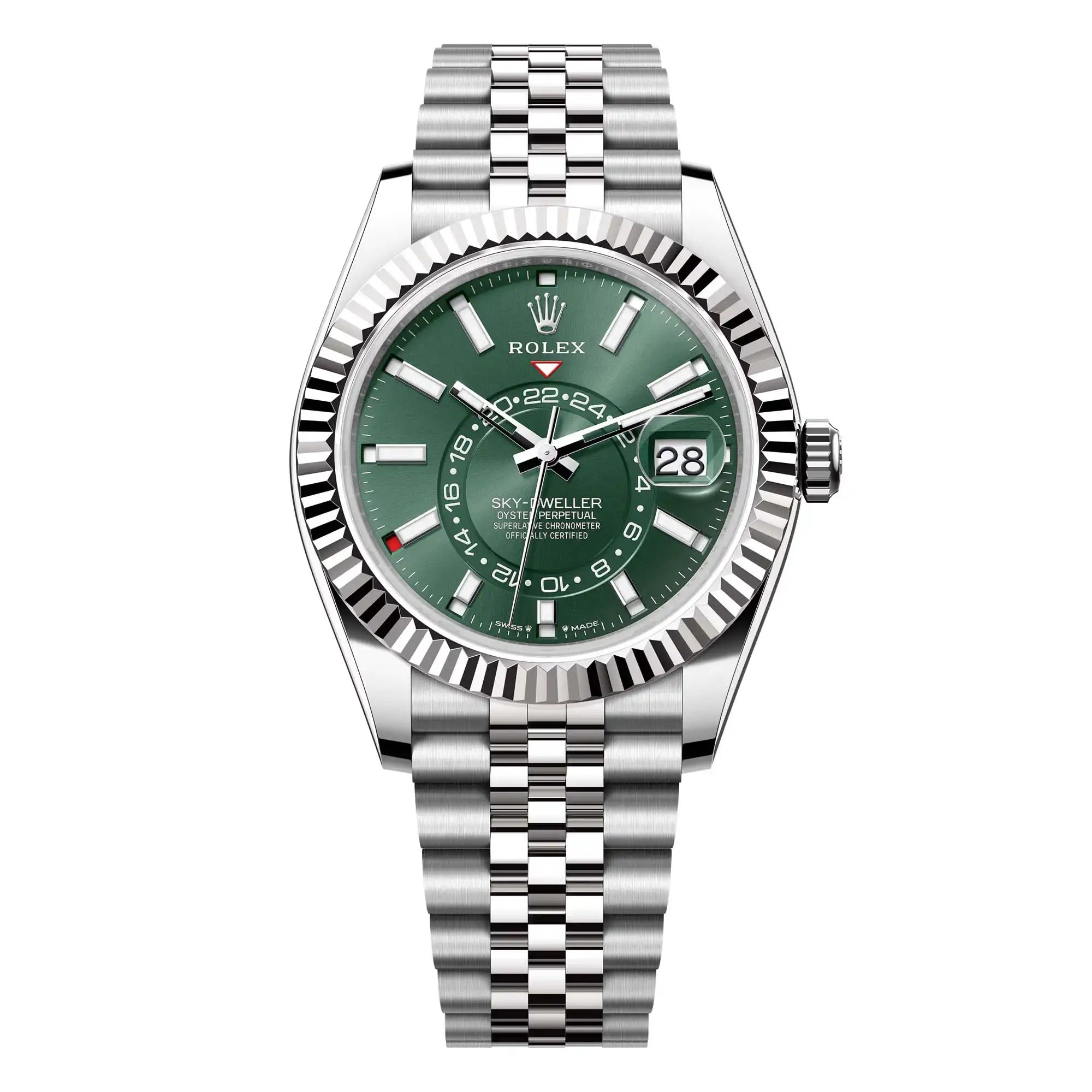 Full view of Sky-Dweller 336934 featuring a stainless steel case and a green dial and jubilee bracelet