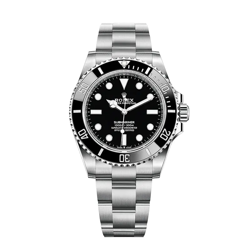 Full view of the Rolex Submariner 124060 with black dial and stainless steel case.
