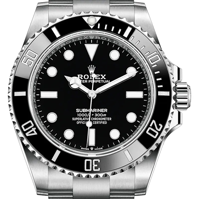 Close up of the Rolex Submariner 124060 with black dial and stainless steel case.