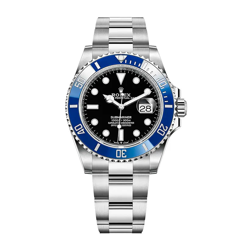 Full view of the
Rolex Submariner Date 126619LB in 18ct white gold with blue bezel and black dial.