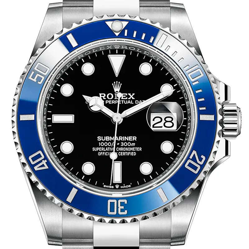 Close up of the
Rolex Submariner Date 126619LB in 18ct white gold with blue bezel and black dial.