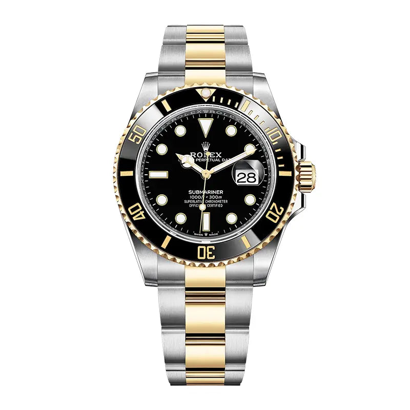 Full view of the Rolex Submariner Date 126613LN in 18ct yellow gold and stainless steel with black dial and black bezel.