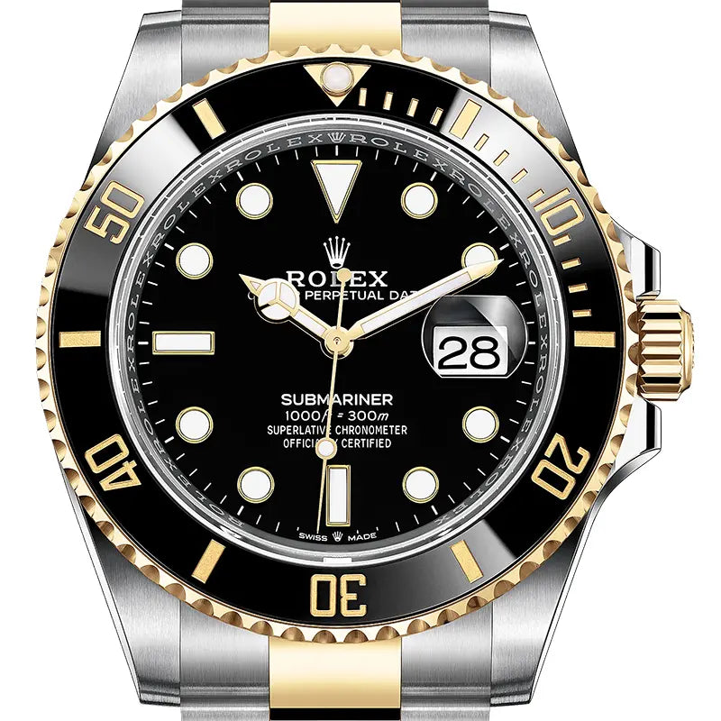 Close up of the Rolex Submariner Date 126613LN in 18ct yellow gold and stainless steel with black dial and black bezel.