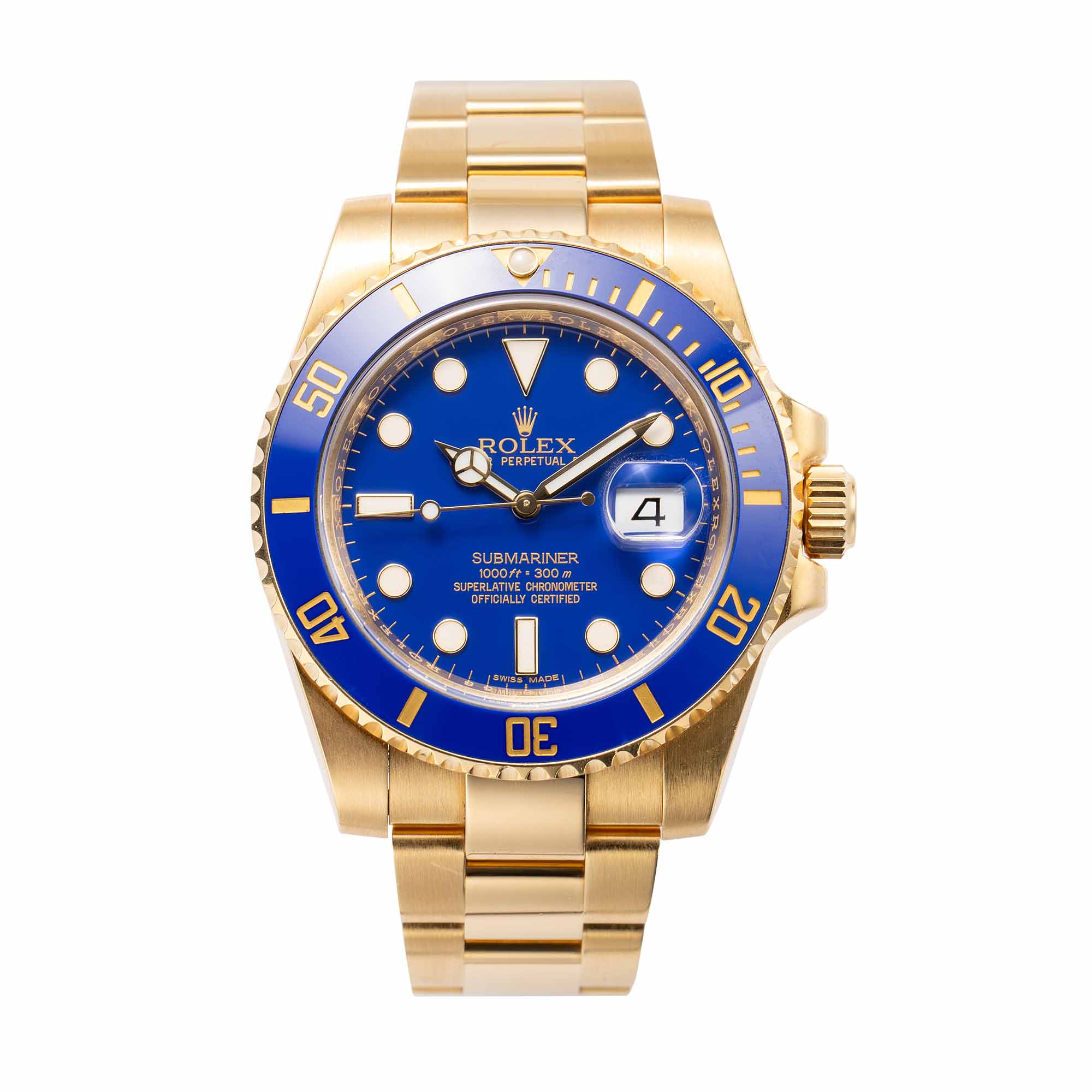 Full view of the Rolex Submariner Date 18ct Yellow Gold with Blue Dial 116618LB