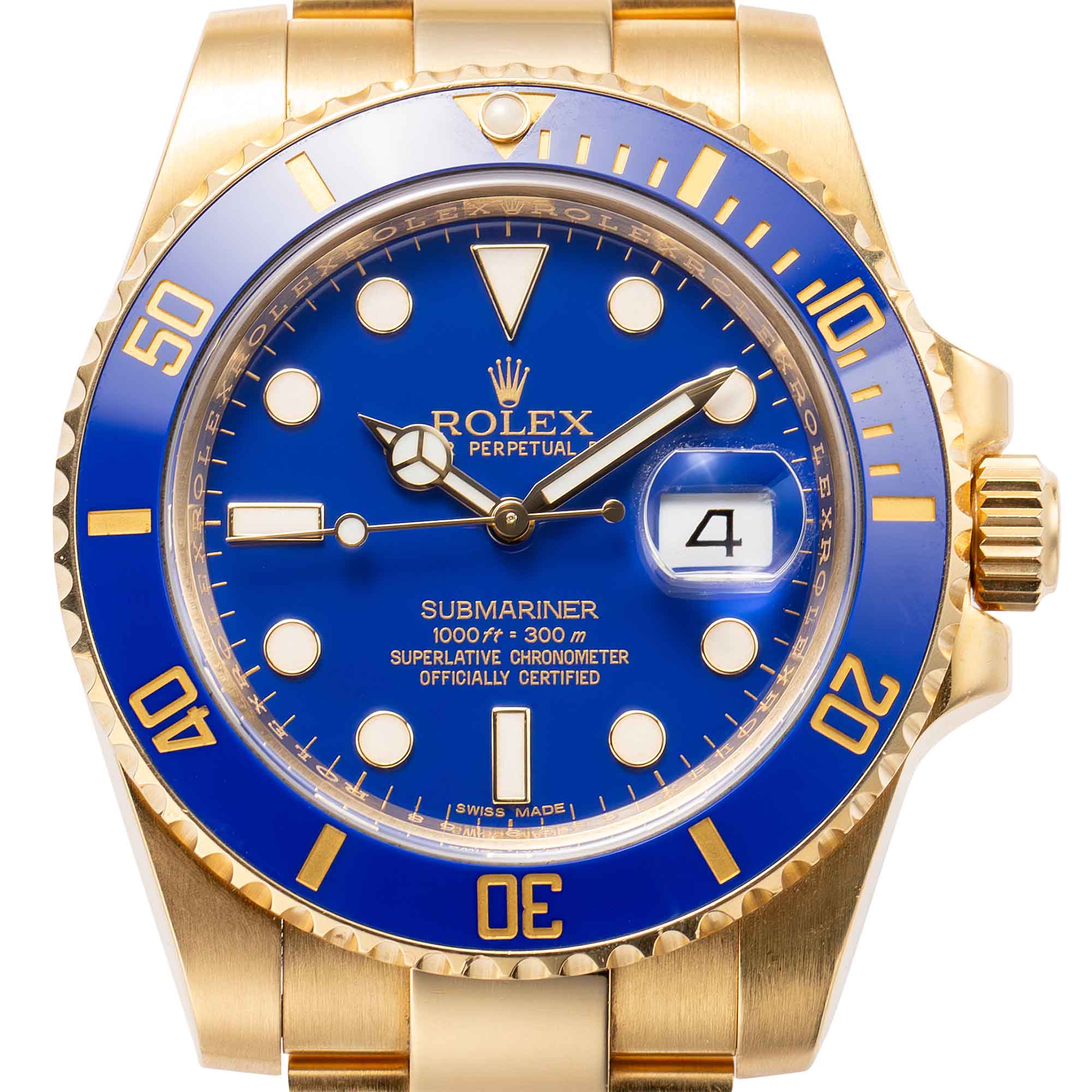 Close up of the dial of the Rolex Submariner Date 18ct Yellow Gold with Blue Dial 116618LB