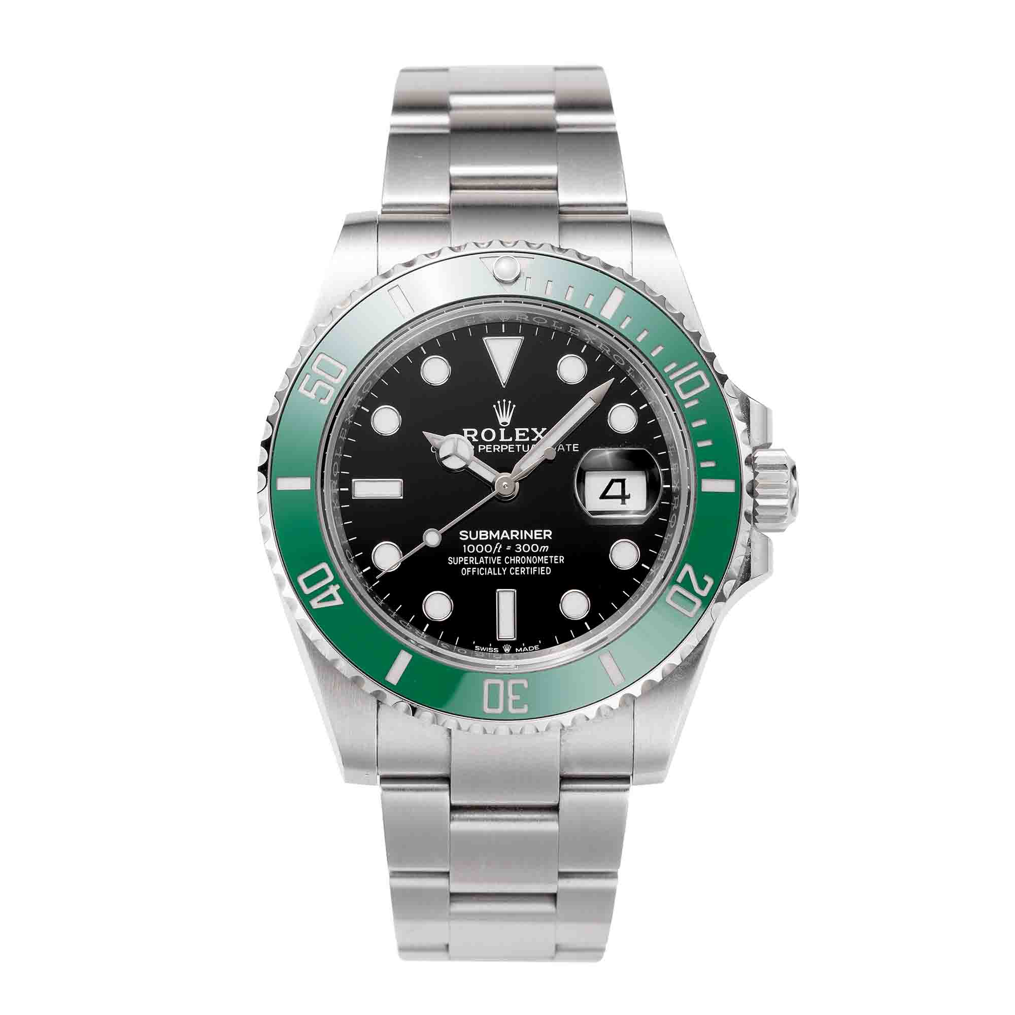 Full view of the Rolex Submariner Date 126610LV with black dial, green bezel, and stainless steel case.