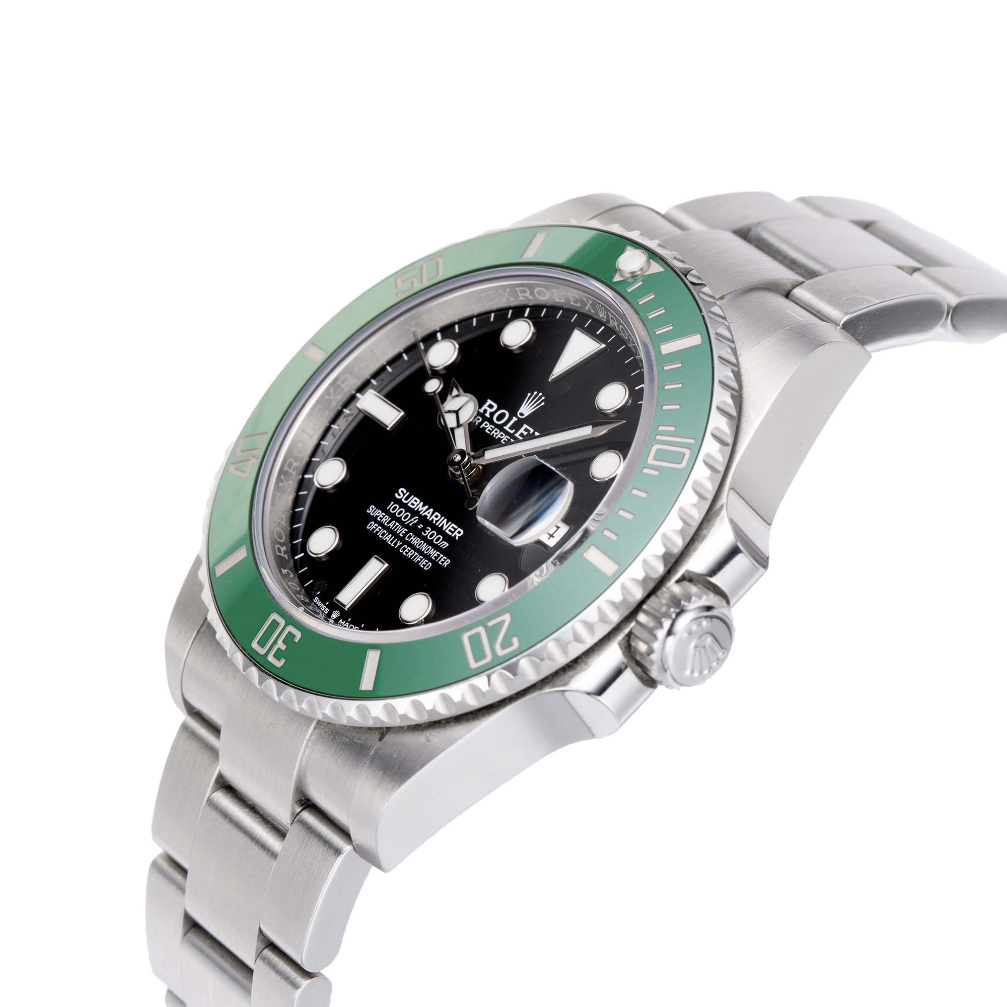 Crown side view of the Rolex Submariner Date 126610LV with black dial, green bezel, and stainless steel case.