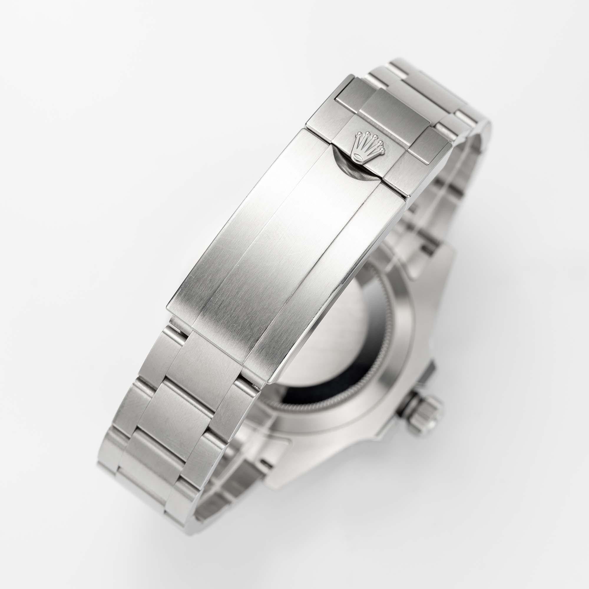 Clasp view of the Rolex Submariner Date 126610LV with black dial, green bezel, and stainless steel case.