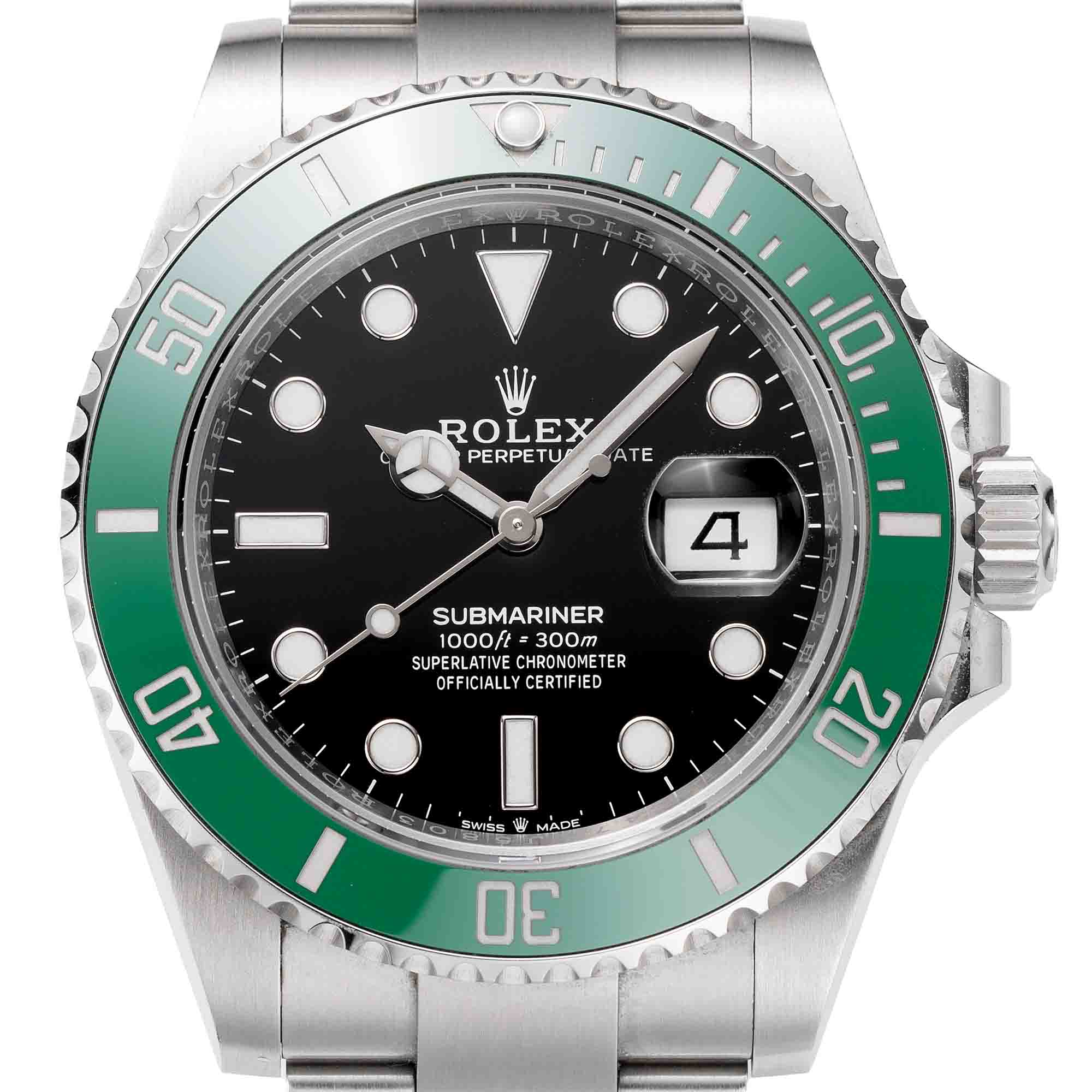 Close up of the Rolex Submariner Date 126610LV with black dial, green bezel, and stainless steel case.