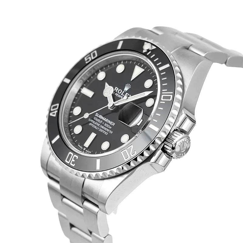 Side view of the Rolex Submariner Date 41mm watch with black dial, black bezel, and stainless steel case, model 126610LN.