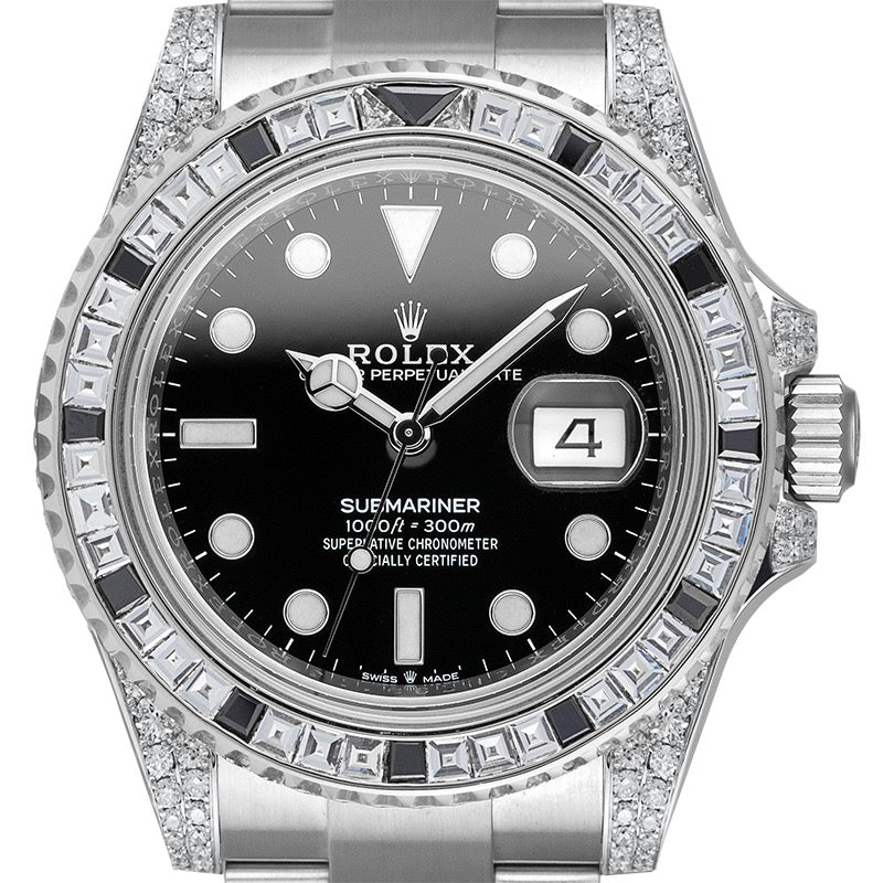 Close view - custom diamond-set Rolex Submariner Date watch with a black dial