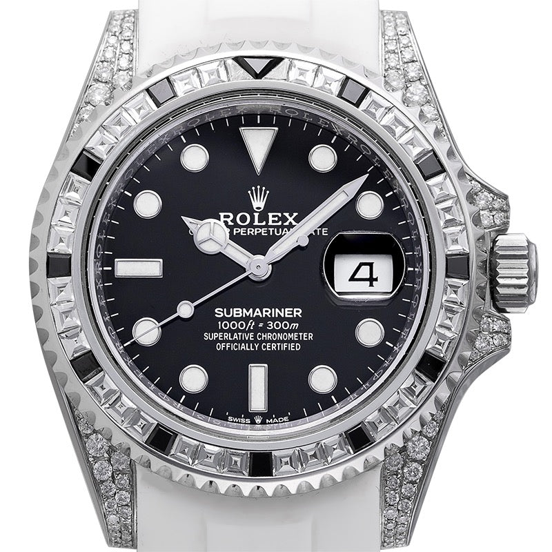 Close view - custom diamond-set Rolex Submariner Date watch with a black dial white strap