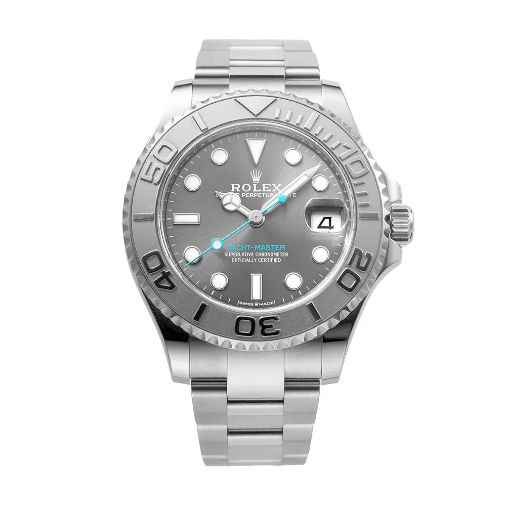 Full view of the Rolex Yacht-Master 268622 in steel and platinum with rhodium dial and Oyster bracelet.