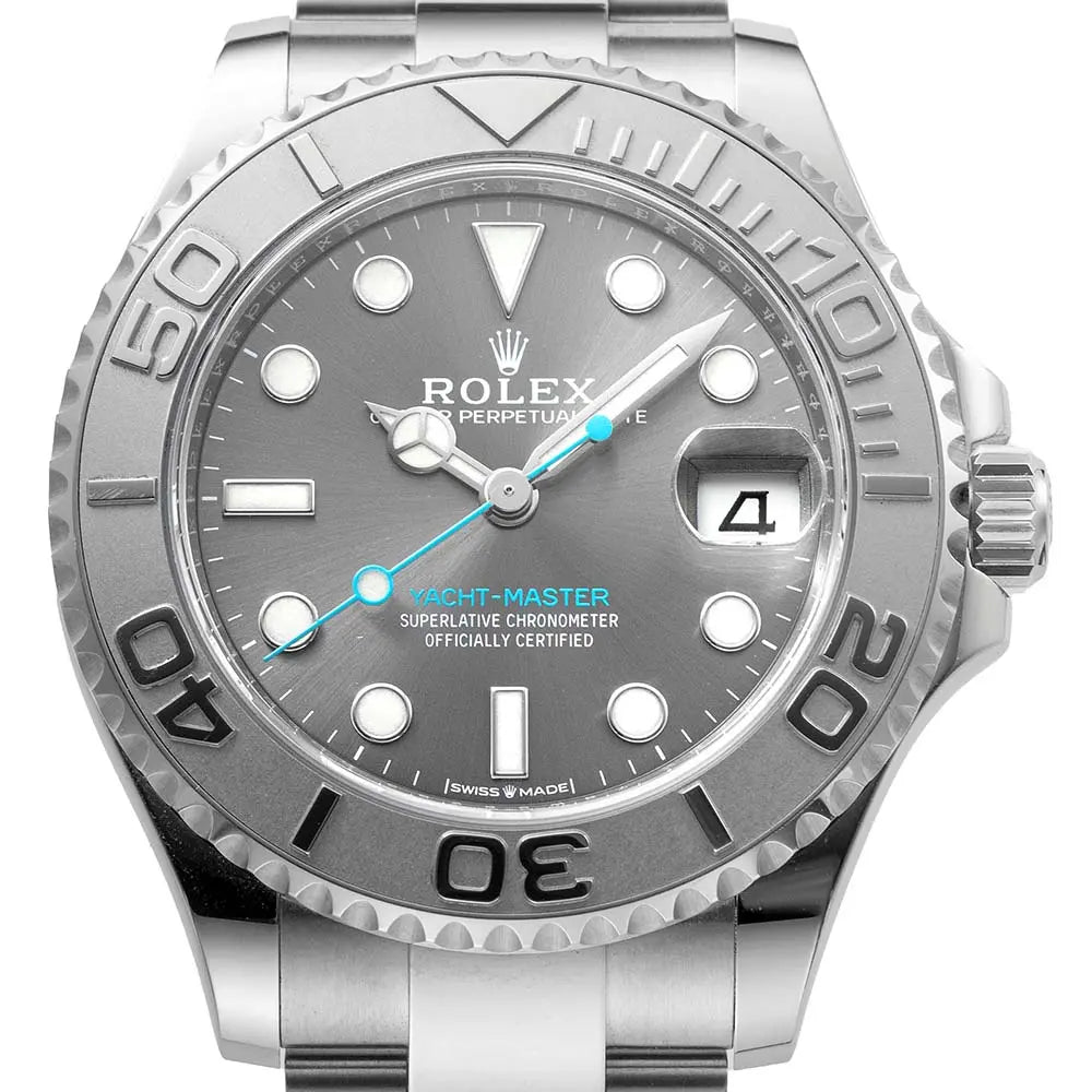 Close up of the Rolex Yacht-Master 268622 in steel and platinum with rhodium dial and Oyster bracelet.