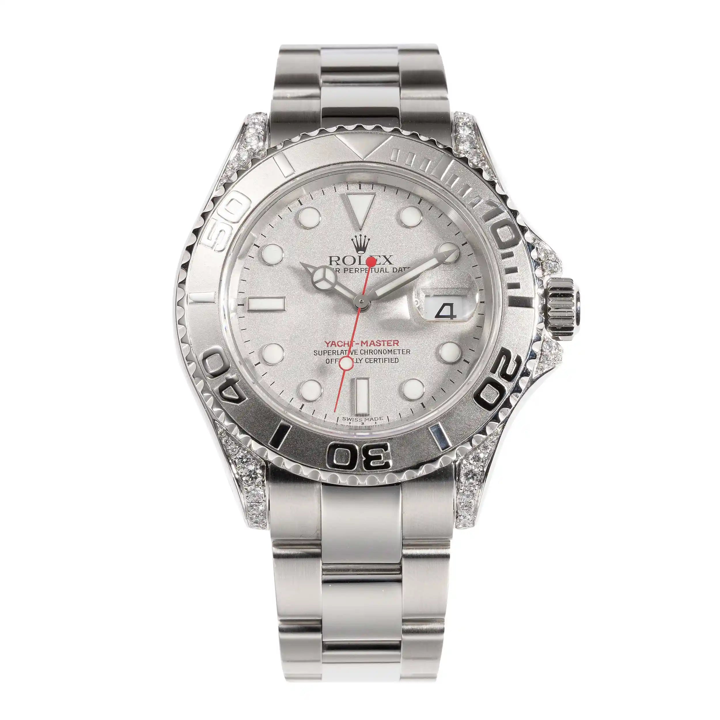 Full view of a Rolex Yacht-Master 16622 with diamond set lugs, steel case, silver dial and Oyster bracelet