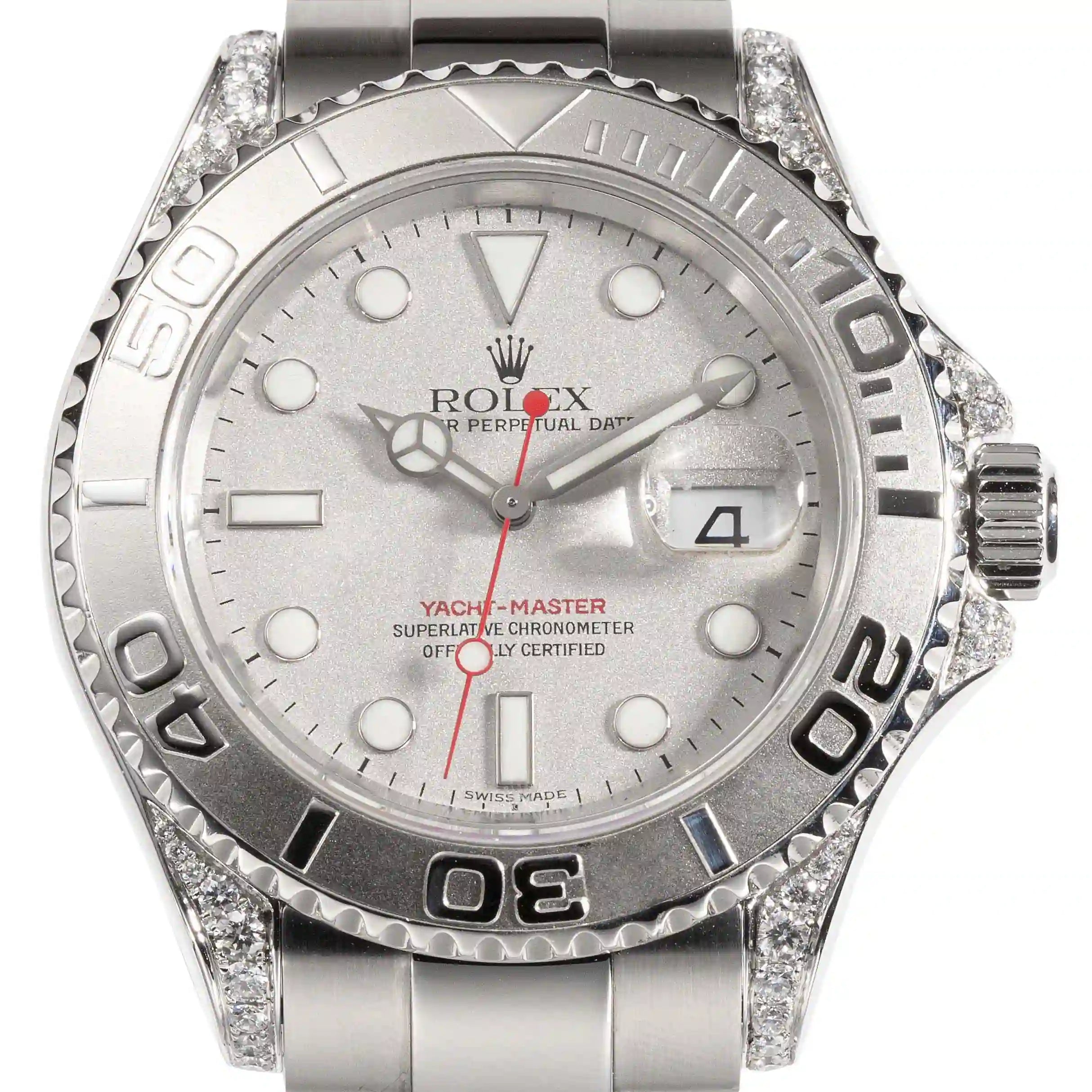 Close up of the Rolex Yacht-Master 40 16622 with Custom Diamond Set lugs and silver dial