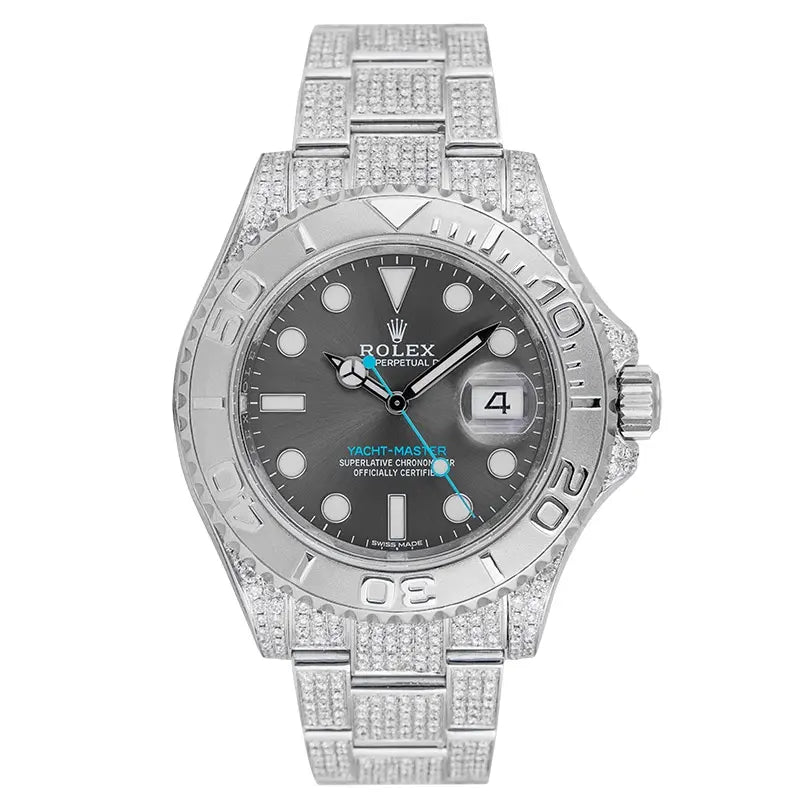 Full view of Yacht-Master 116622 stainless steel with diamond set