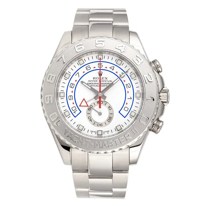 Full view of the Rolex Yacht-Master II 116689 in 18ct white gold with white dial and regatta countdown bezel and Oyster bracelet.