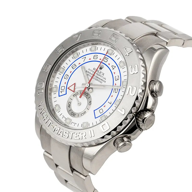 Side view of the Rolex Yacht-Master II 116689 in 18ct white gold with white dial and regatta countdown bezel.