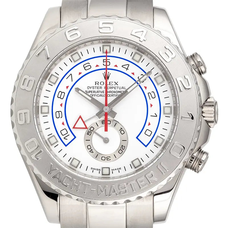 Close up of the Rolex Yacht-Master II 116689 in 18ct white gold with white dial and regatta countdown bezel.