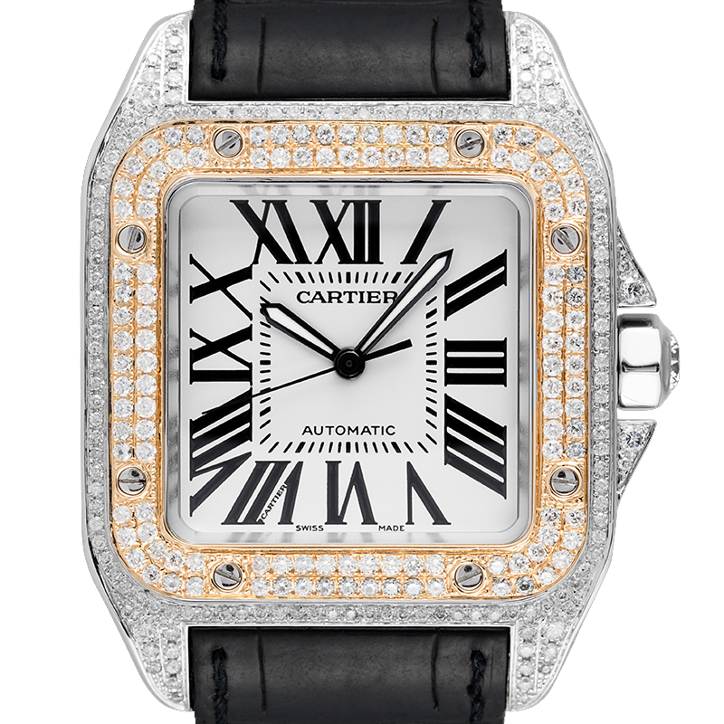 Cartier Santos 100 L W20091X7 Gold Bezel Diamond Set Watch