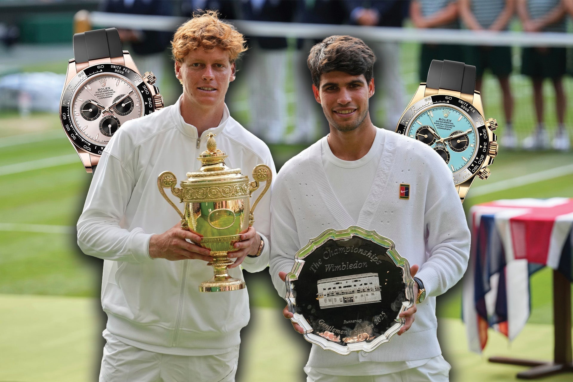 Jannik Sinner and Carlos Alcaraz holding their Wimbledon trophies, with pictures of two Rolex models they were wearing behind their bodies.