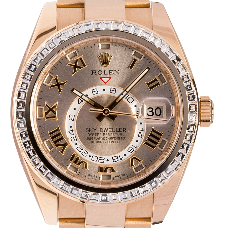 Rolex Sky-Dweller 18K Everose Gold Watch Sundust Dial 326935 Diamond Bezel