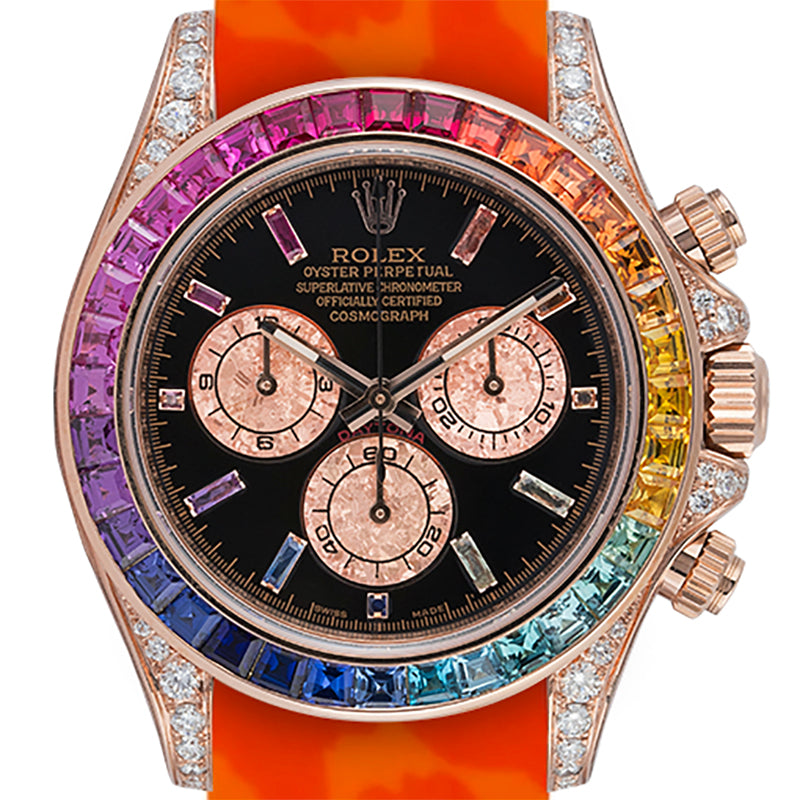 Custom Diamond Set Rainbow Rolex Daytona Orange Strap