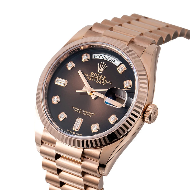 Side view of Rolex Day-Date 36 18ct Everose Gold Diamond Dial 128235
