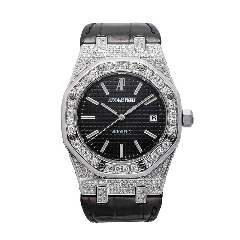 Custom Diamond Set Audemars Piguet Royal Oak Black Dial Black Leather Strap 15300