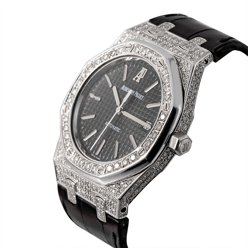 Custom Diamond Set Audemars Piguet Royal Oak Black Dial Black Leather Strap 15300