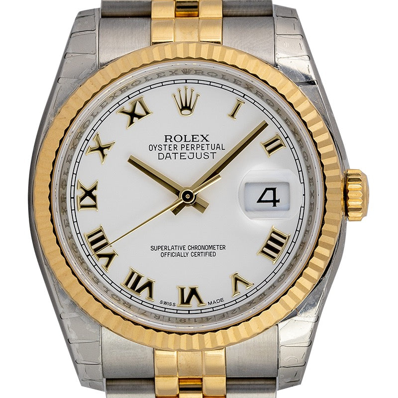 Rolex Datejust 36 Yellow Gold/Steel White Roman Dial & Fluted Bezel Jubilee Bracelet 116233