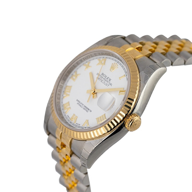 Rolex Datejust 36 Yellow Gold/Steel White Roman Dial & Fluted Bezel Jubilee Bracelet 116233