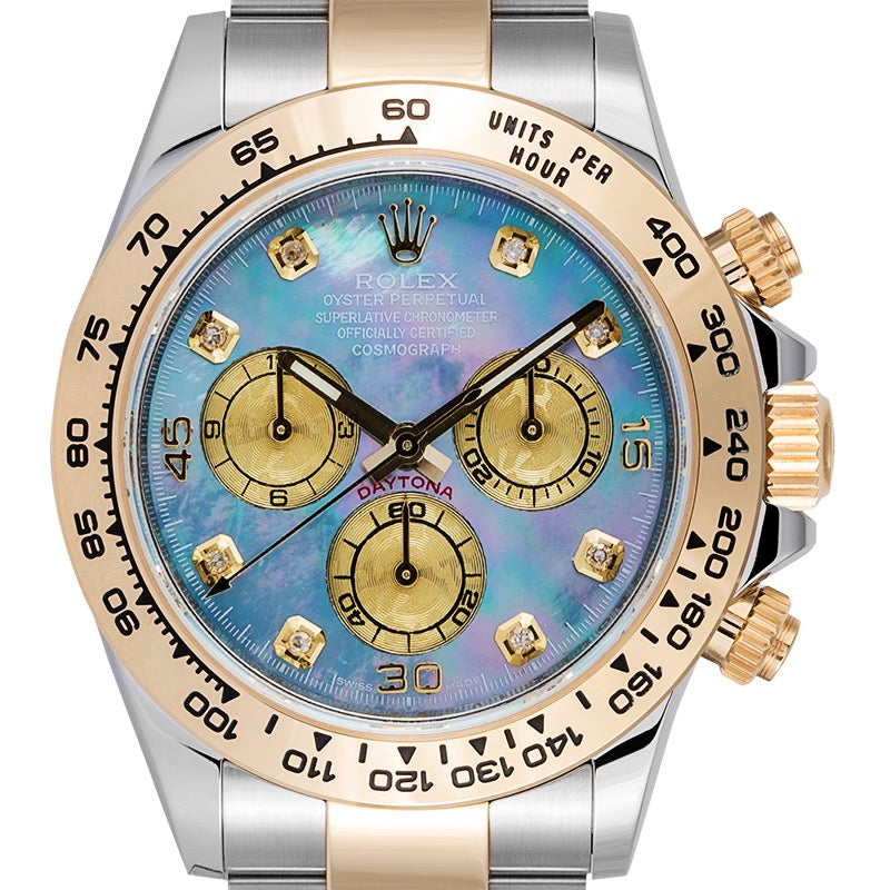 Rolex Daytona Steel and Yellow Gold 116523 with Custom Blue MOP/Diamonds Dial