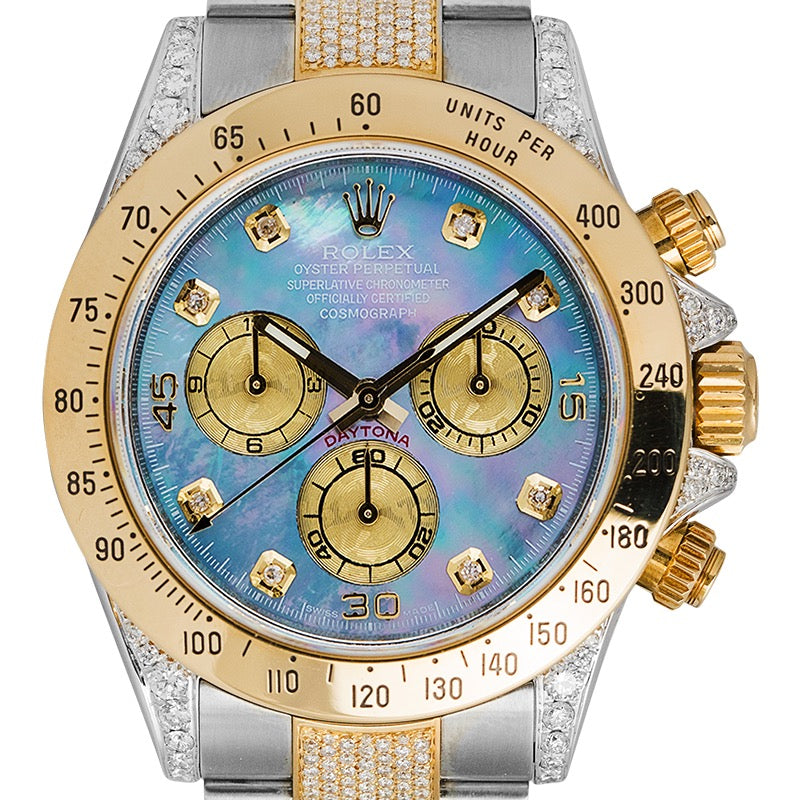 Diamond Set Rolex Daytona Steel and Gold with Custom Blue MOP Dial 116523