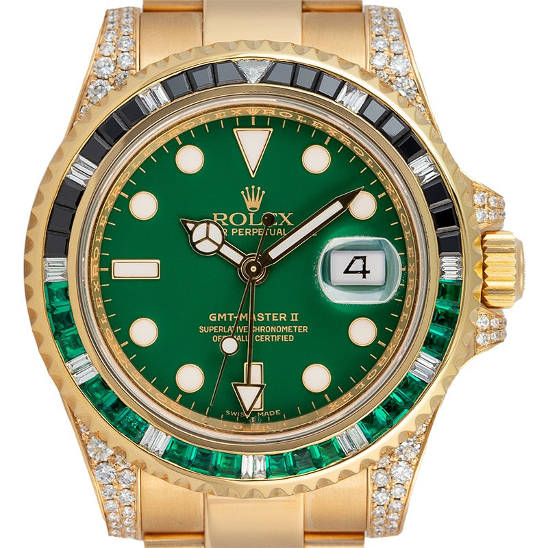 Custom Diamond Set Rolex GMT-Master II Yellow Gold Green/Black Bezel 116718LN