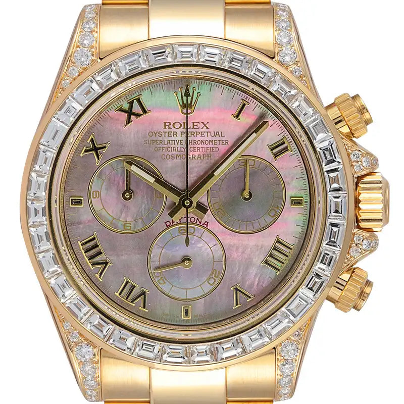 Close up - Rolex Daytona 18ct Yellow Gold Diamond Set with Factory Tahitian MOP Dial 