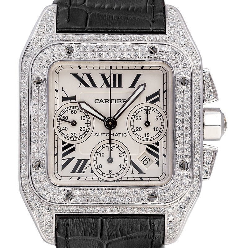 Cartier Santos 100 XL Chronograph Custom Diamond Set Black Strap W20090X8