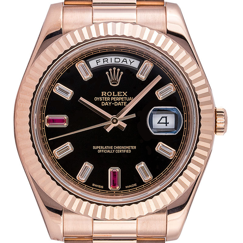 Rolex Day-Date 41 18ct Everose Gold Black Dial with Diamonds and Rubies 218235