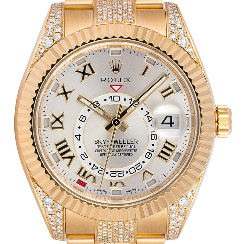 Custom Diamond Set Rolex Sky-Dweller 326938 18ct Yellow Gold Silver Dial