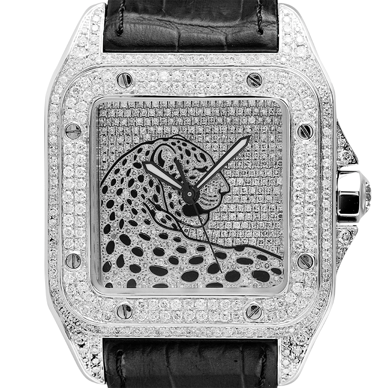 Cartier Santos 100 L Panthère Diamond Set Custom Watch Black Leather Strap W20073X8