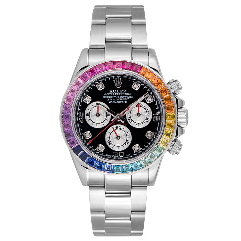 Rolex Cosmograph Daytona Stainless Steel With Custom Rainbow Bezel and Custom Dial 116520