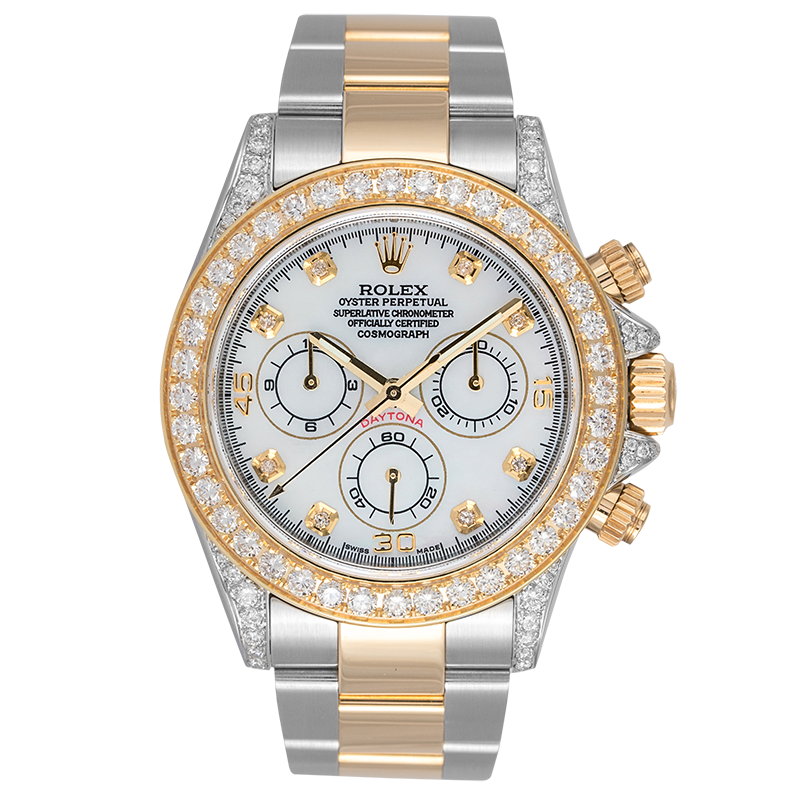 Rolex Cosmograph Daytona Steel/Yellow Gold Custom Diamond Set White MOP Dial 116523